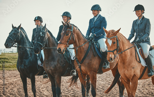 Equestrian, horse riding group and sport, women outdoor in countryside with rider or jockey, recreation and lifestyle. Animal, sports and fitness with athlete, competition with healthy hobby © Kirsten D/peopleimages.com