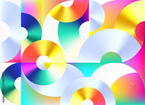 Bright vector multicolored pattern. Abstract geometric background of circles, squares, sector and colorful elements.