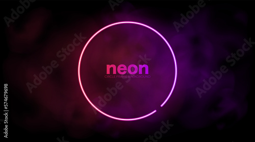 Neon circle frame purple and pink background with smoke. Round led glowing lamp on smoky dark backdrop. Modern vector illustration