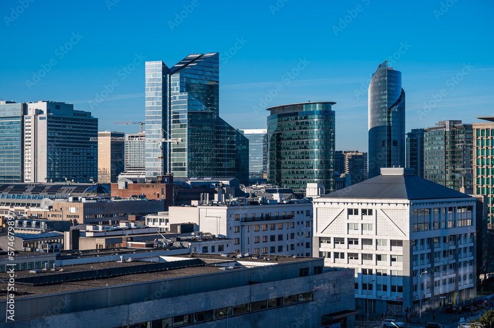 Saint Josse, Brussels Capital Region, Belgium - High angle view over Little Manhattan, de financial and business district with a blue sky Saint Josse, Brussels Capital Region, Belgium - High angle view over Little Manhattan, de financial and business district with a blue sky