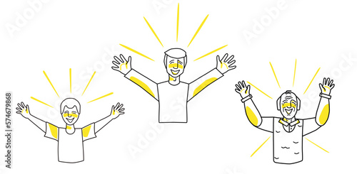 Happy male set. Young, adult and old men with emotion of happiness, smiling, open arms, joyful sun rays. Line art drawing humans.