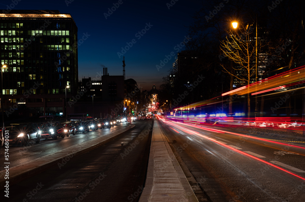 Saint Josse, Brussels Capital Region, Belgium - Cityscape view over the business district with the light trails of traffic at the central boulevard