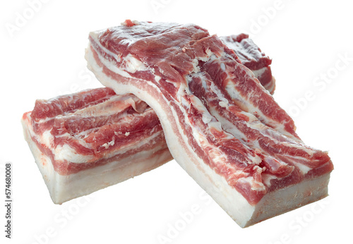Two mouth-watering pieces of the freshest raw meat with streaks of fat, lying crosswise, prepared for cutting, isolated on a white background.