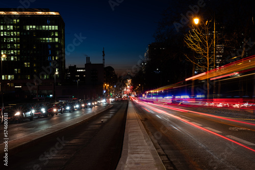 Saint Josse, Brussels Capital Region, Belgium - Cityscape view over the business district with the light trails of traffic at the central boulevard photo