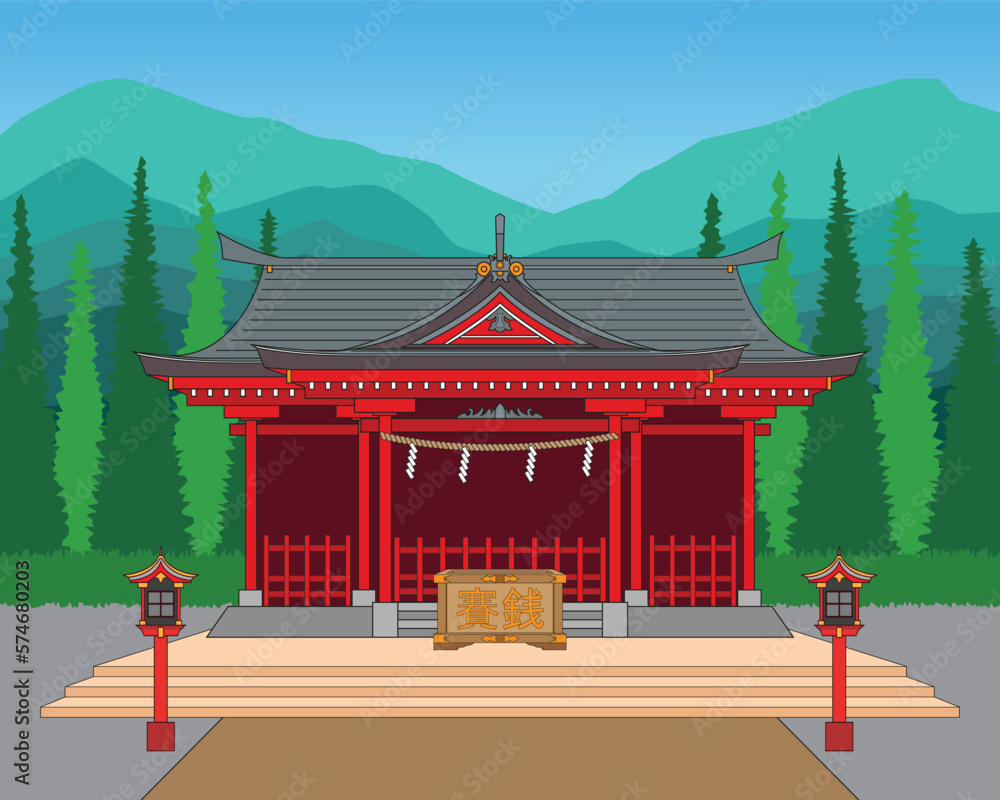 Shinto shrine or Japan shrine with Saisen traditional donation box with background view drawing in cartoon vector - obrazy, fototapety, plakaty 