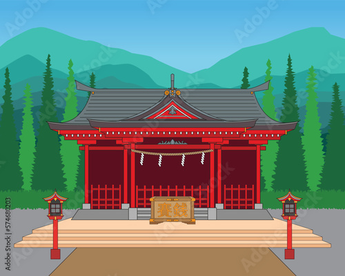 Shinto shrine or Japan shrine with Saisen traditional donation box with background view drawing in cartoon vector