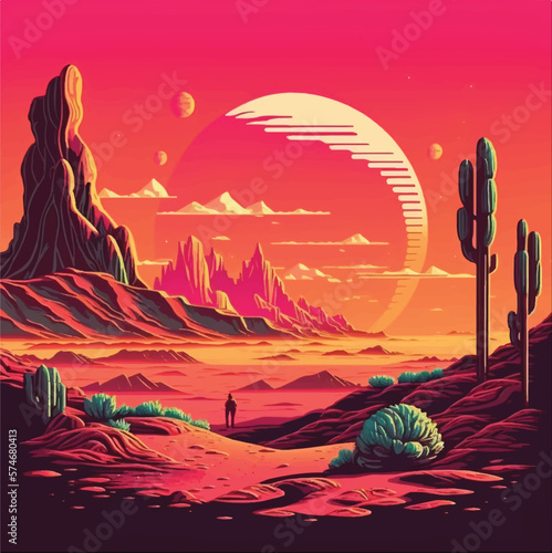 Purple Glowing Night with Huge Planet in sky, mountains, landscape