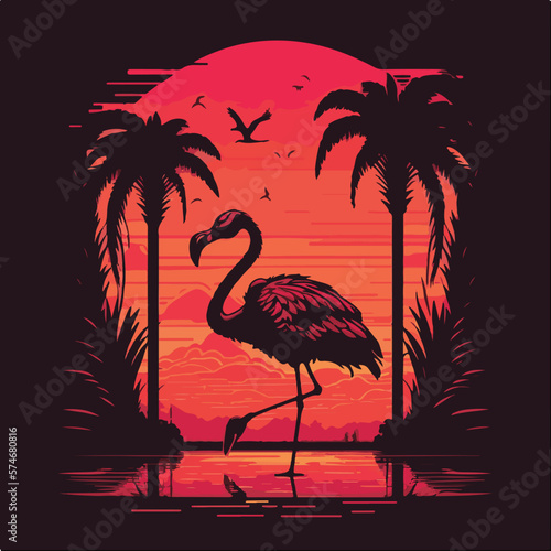 Flamingo Illustration retro style vector art in pink neon colors