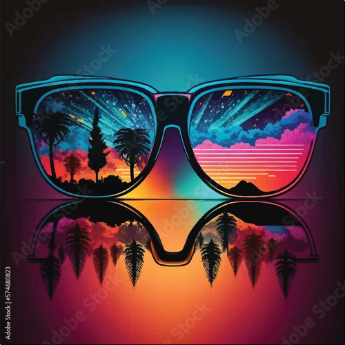 Retro glasses reflection on landscape trees, clouds, mountains in a glowing light