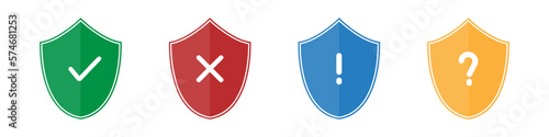 Security protection shields. Caution signs in web. The connection is secure. The connection is unsafe. Warning about suspicious activity. Shield pop-up. Privacy security. Vector set