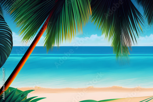 Tropical beach with palm trees. Simple illustration with empty space. Generative AI