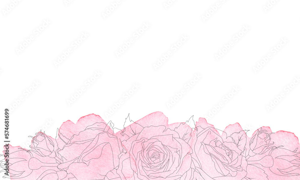 Vector illustration. Rectangular banner of a rose in line art style with pink watercolor stain backing. Hand drawn flower. Place for text or inscription. For the design of wedding invitations, cards Vector illustration. Rectangular banner of a rose in line art style with pink watercolor stain backing. Hand drawn flower. Place for text or inscription. For the design of wedding invitations, cards
