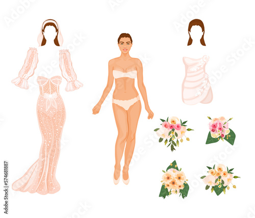 Young bride paper doll with short and long wedding gowns. Beautiful fiancée character creator with optional hairstyles, dresses and accessories. photo