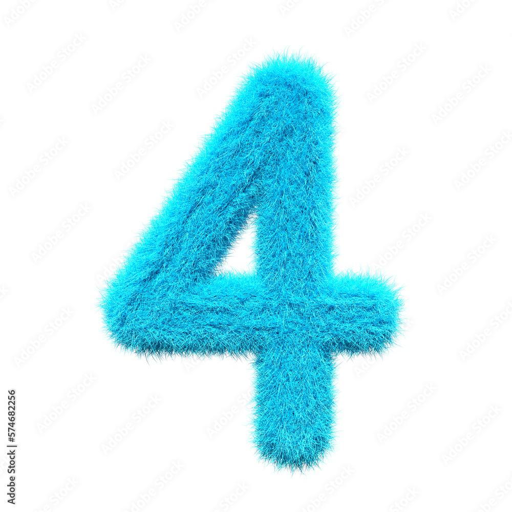 Number 4 blue Fur 3D element render, Typography fluffy style, transparent background, Number 4 blue Fur 3D element render, Typography fluffy style, transparent background,