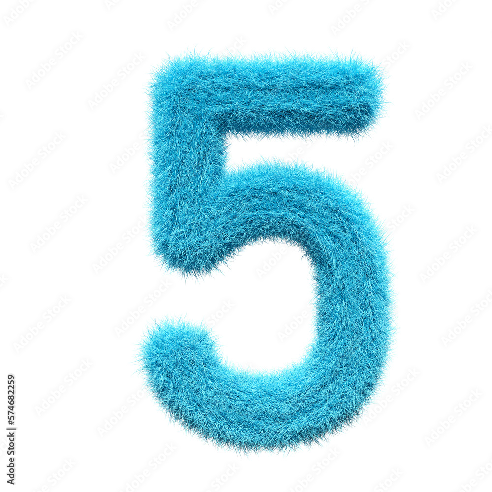 Number 5 blue Fur 3D element render, Typography fluffy style, transparent background, Number 5 blue Fur 3D element render, Typography fluffy style, transparent background,