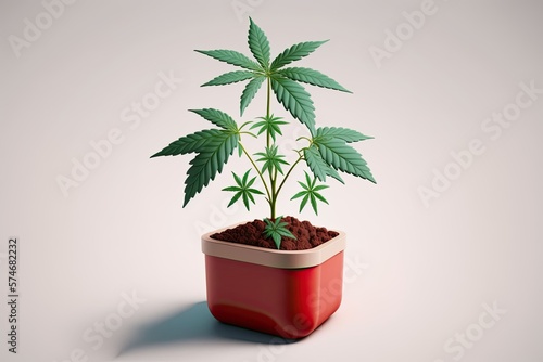 A cannabis seedling nurtured in a container. The cotyledons and the first genuine leaves. Production of Marijuana for Medical Purposes. Generative AI