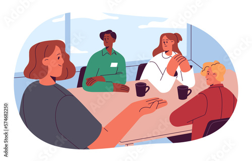 Business communication concept. Colleagues, team at work meeting in conference room, sitting at office table, discussing project together. Flat vector illustration isolated on white background