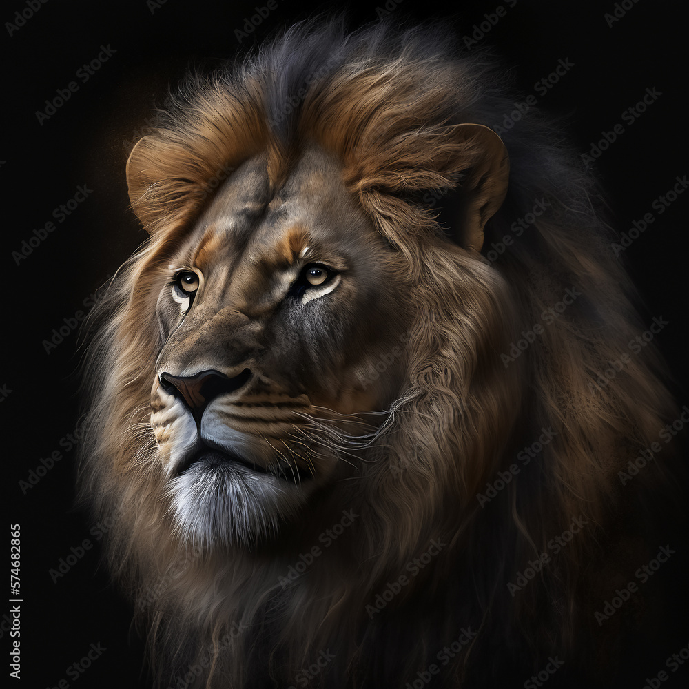 lion head on black background, portrait. generative AI