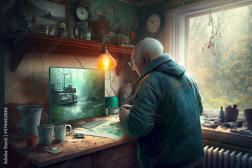 Old painter create a new artwork inspired by graphical design i his desktop Old painter create a new artwork inspired by graphical design i his desktop