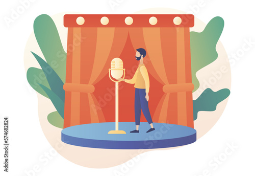 Comedian on stage. Stand Up comedy show. Open mic. Comic with microphone joking. Invitation to Comedy concert. Modern flat cartoon style. Vector illustration on white background