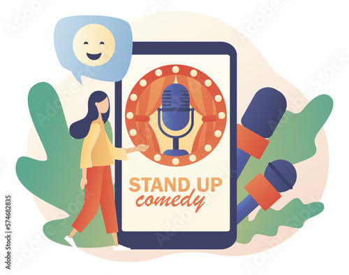 Stand Up comedy show. Invitation to Comedy concert in smartphone app. Open mic. Modern flat cartoon style. Vector illustration on white background
