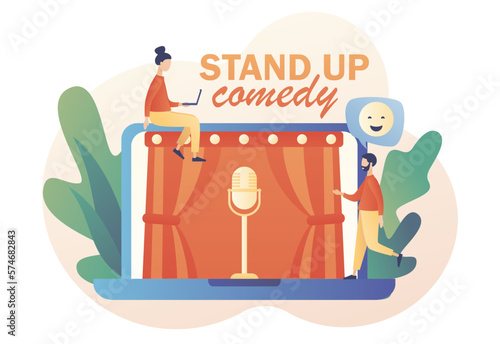 Stand Up comedy show online. Invitation to Comedy concert. Open mic. Modern flat cartoon style. Vector illustration on white background
