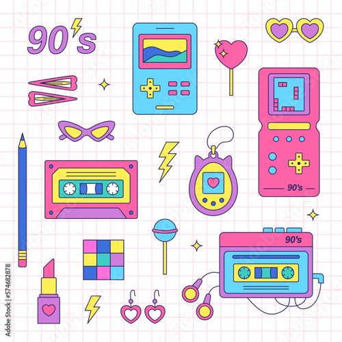 90s trendy retro icons collection. Bright vector illustration