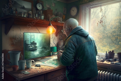 Old painter create a new artwork inspired by graphical design i his desktop