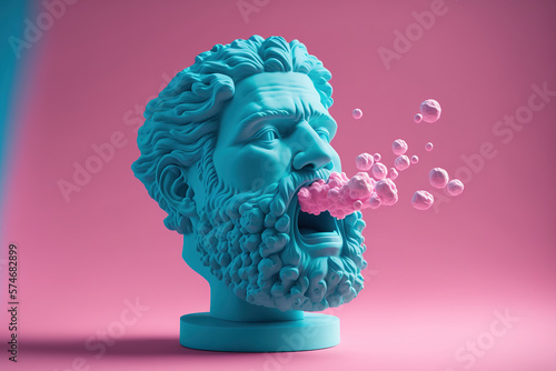 Funny concept drawing of a sculpture of a classical head blowing a bubble of pink chewing gum. On a blue backdrop, isolated. Generative AI photo