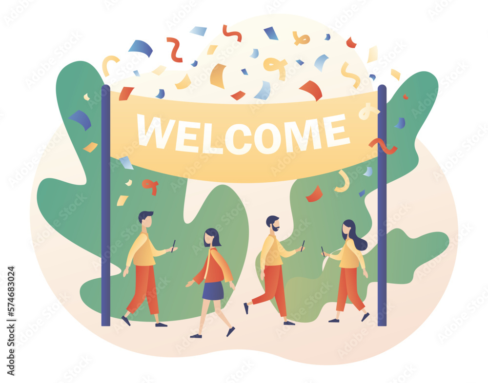 Naklejka premium Welcome concept. Friendly team happy to new team member. Event, celebrate, meeting, greeting. Modern flat cartoon style. Vector illustration on white background