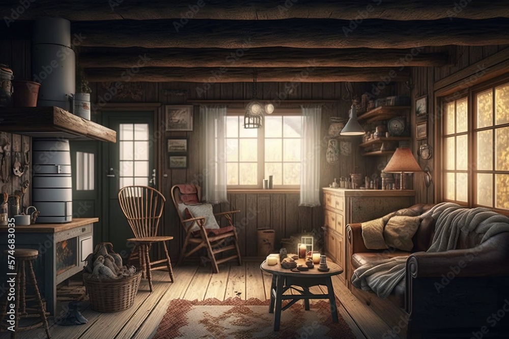 Cozy Country Living Inside a Wooden Abode Generative AI Cozy Country Living Inside a Wooden Abode Generative AI