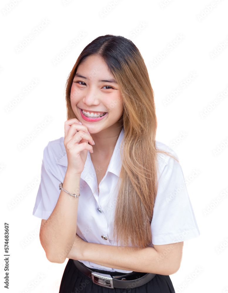 Asian Portrait of an adult Thai student in university student uniform. Young Asian beautiful girl standing confidently isolated on white background. Asian Portrait of an adult Thai student in university student uniform. Young Asian beautiful girl standing confidently isolated on white background.