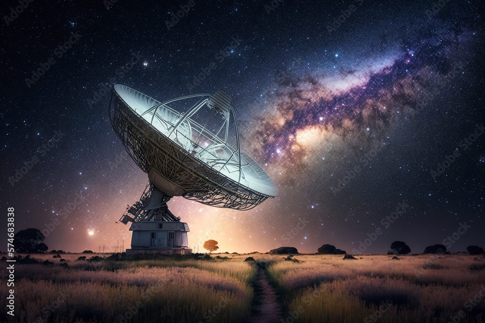 The radio telescopes on the Dawn Grassland, with starry sky in the background. AI technology generated image The radio telescopes on the Dawn Grassland, with starry sky in the background. AI technology generated image