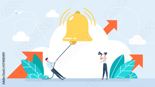 Ring subscription bell to get reminder for new social media content. Man have chat messages notification, turn on social media for up to date. New subscriber man rings big bell. Vector illustration