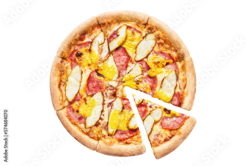 Delicious pizza with chicken fillet, ham, cheddar cheese and mozzarella, cut out