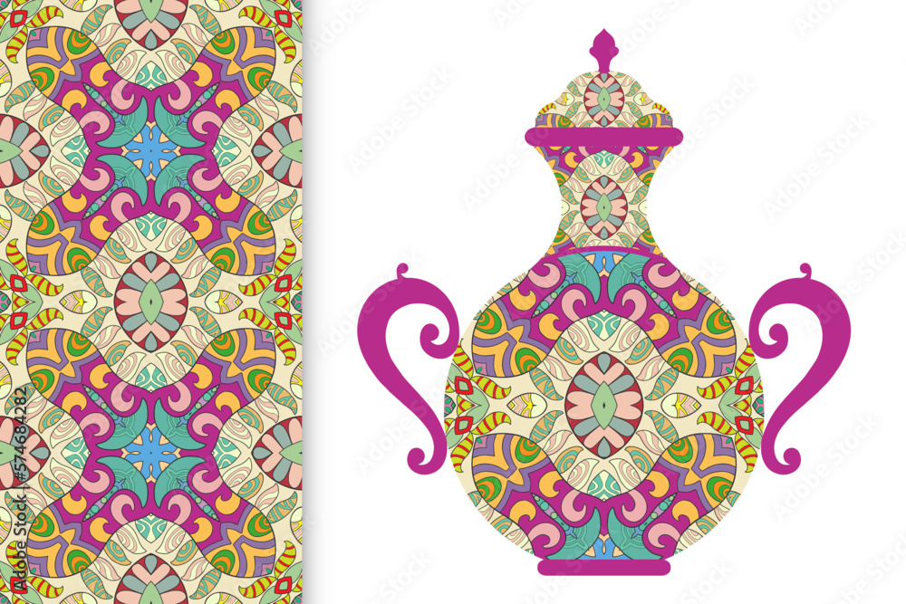 Hand drawn pitcher, vase with ornament and vertical seamless pattern. Decorative doodle texture, isolated elements for textile fabric, paper print, invitation or card design