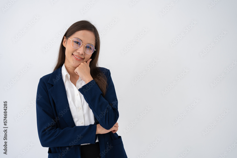 Portrait of smart and happy young thoughtful Asian business women think for new ideas on isolated white background. Concept of advertising marketing and product placement. Portrait of smart and happy young thoughtful Asian business women think for new ideas on isolated white background. Concept of advertising marketing and product placement.
