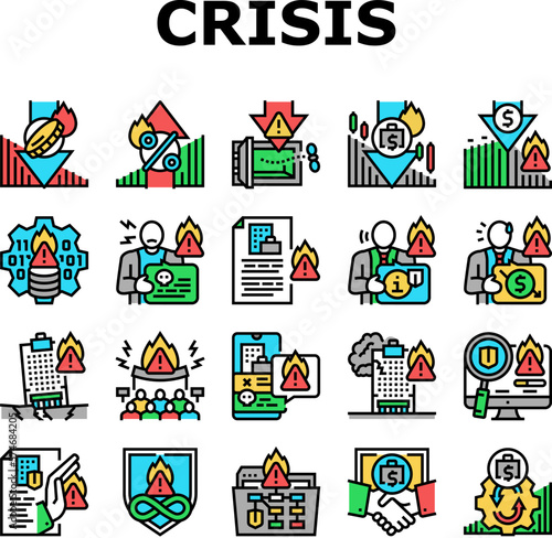 crisis management risk strategy icons set vector