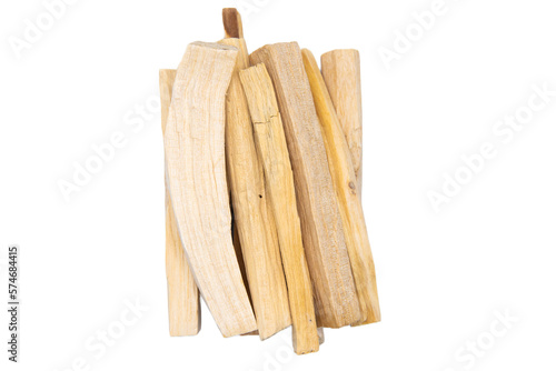 Top view color photo close-up of Palo santo wood sticks isolated on white background. photo