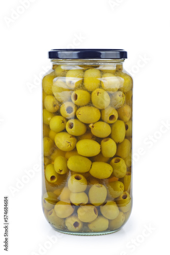 Glass jar with pickled olives isolated on white background