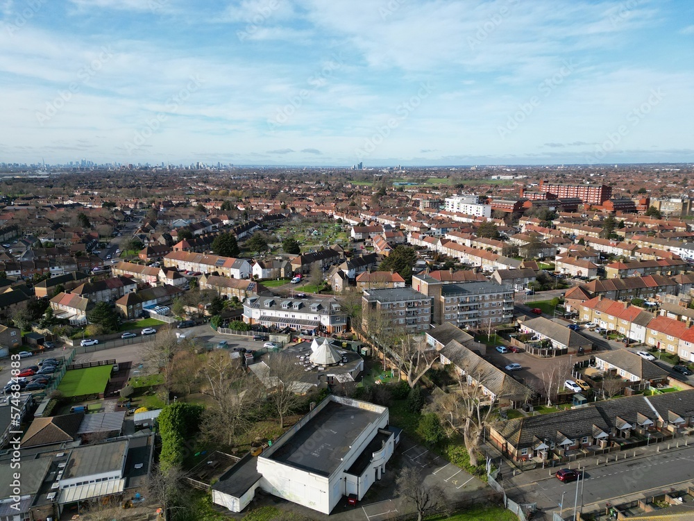 Dagenham UK  London skyline in background  Drone, Aerial, view from air, birds eye view,