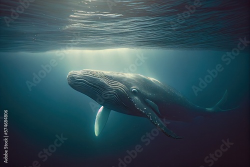 portrait of a blue whale ready to breach the surface of the ocean, generative ai