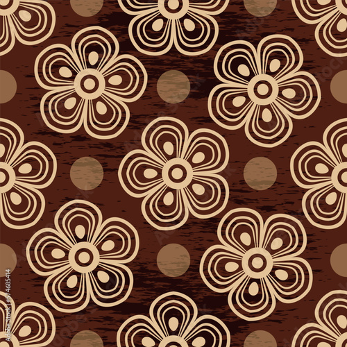 Vector seamless grunge floral pattern with vintage flowers and polka dots on brown