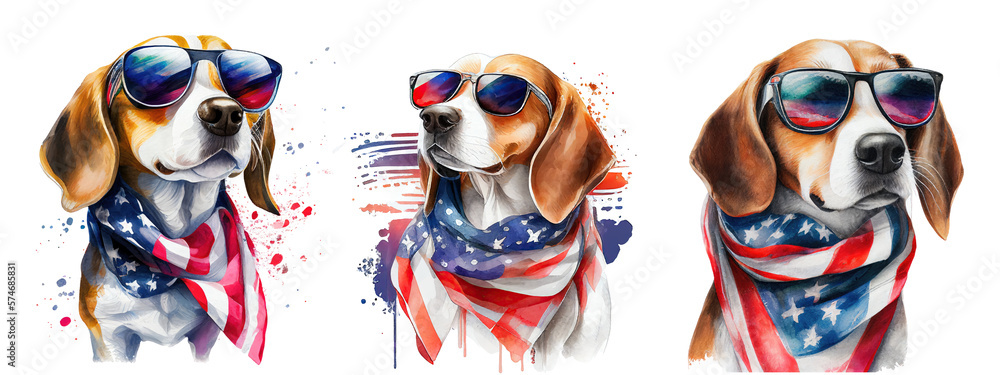 Happy beagle dog wearing sunglasses and USA flag scarf. watercolor painting. Generative AI Happy beagle dog wearing sunglasses and USA flag scarf. watercolor painting. Generative AI