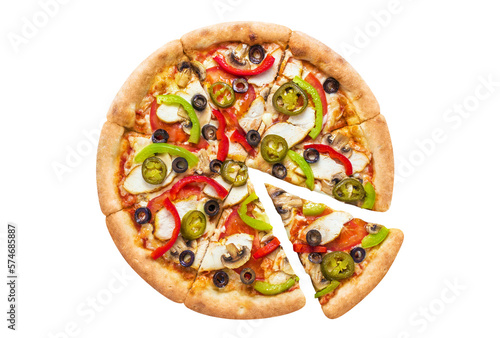 Delicious pizza with chicken fillet, champignon mushrooms, tomatoes, peppers, jalapeno and mozzarella, cut out