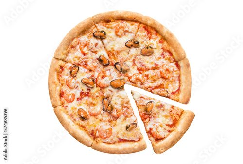 Delicious pizza with seafood (shrimps and oysters), cut out