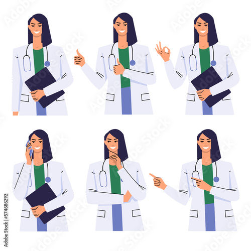 Young woman doctor in different poses and gesturing. Talking on the phone, thumbs up, pointing with index fingers. Portrait of female doctor with stethoscope, clipboard and white coat. Flat vector.
