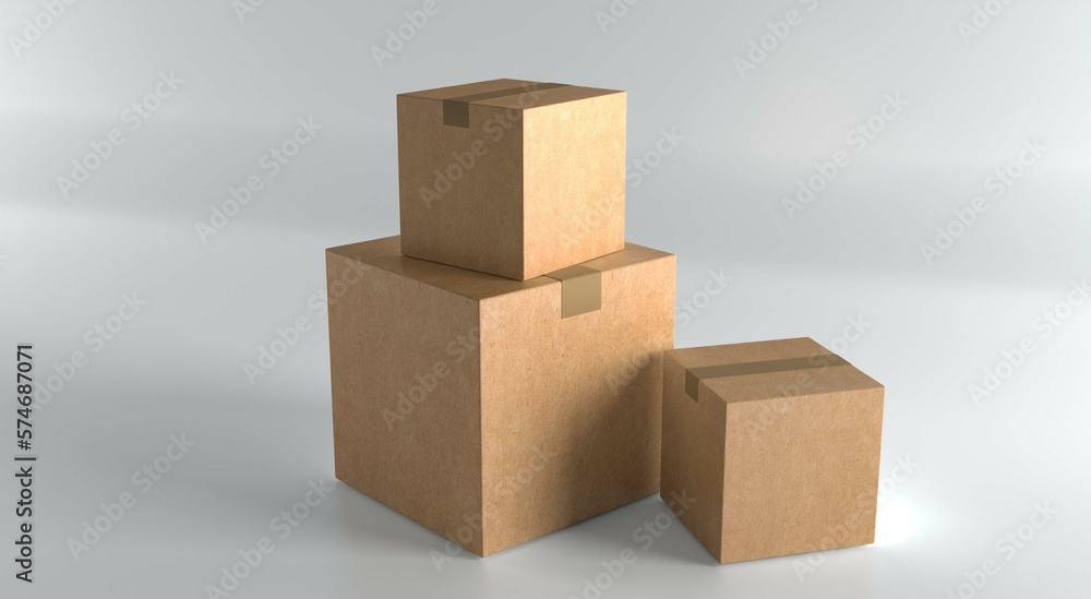 Fototapeta premium Close up of a pile of cardboard boxes on white background. 3D Rendering.