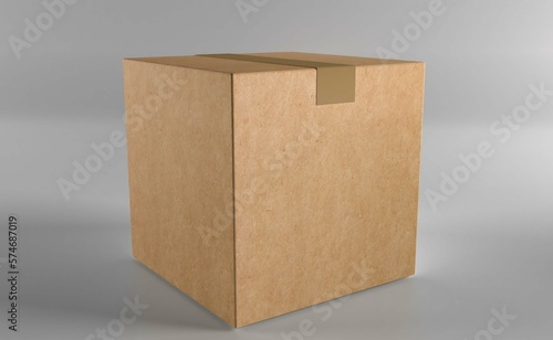 Closed cardboard box taped and isolated on a white background.
3d rendering.