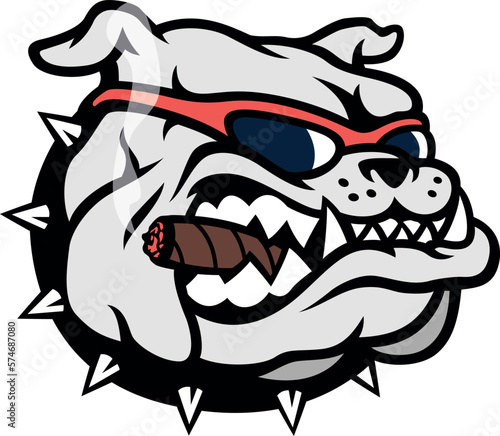 Aggressive Bulldog Wearing the Sunglasses and Smoking a Cigar